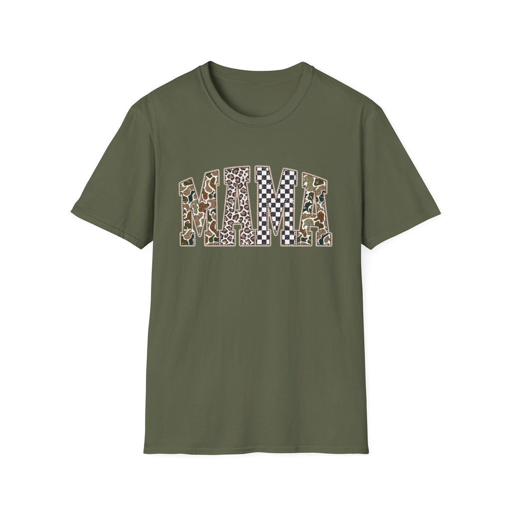 Mama Graphic T-Shirt — Patchwork Leopard, Camo & Checkerboard Design