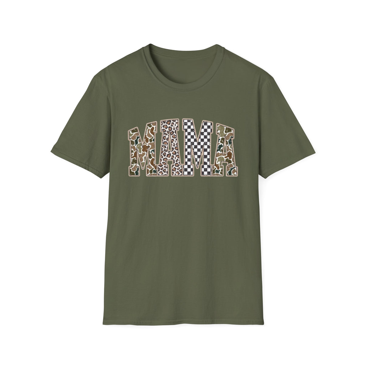 Mama Graphic T-Shirt — Patchwork Leopard, Camo & Checkerboard Design