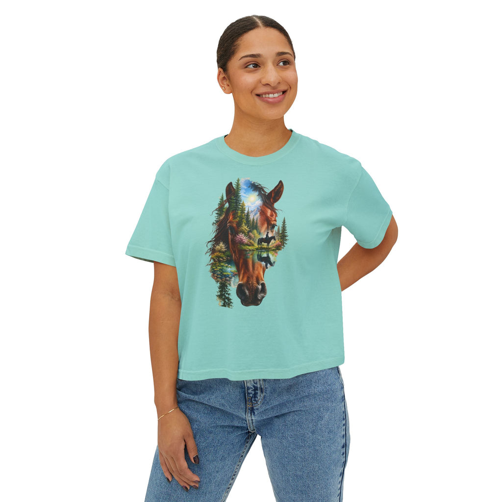 Women's Boxy Tee – Scenic Horse Double Exposure Graphic