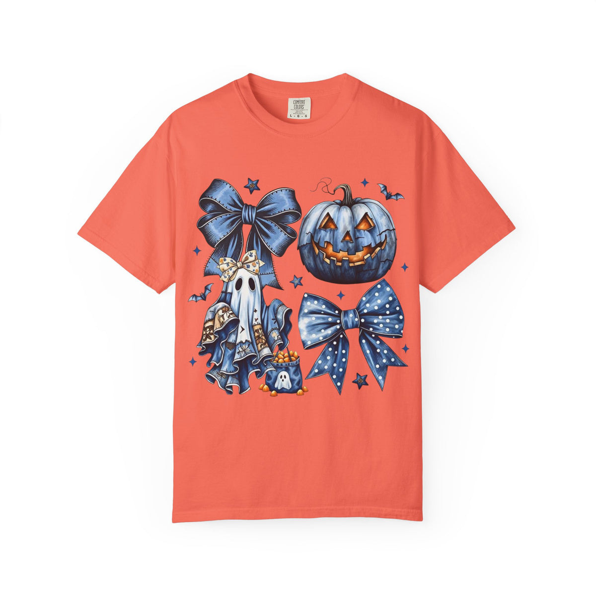 Halloween Blue Pumpkin & Ghost Graphic T-Shirt — Cute Spooky Bow Design