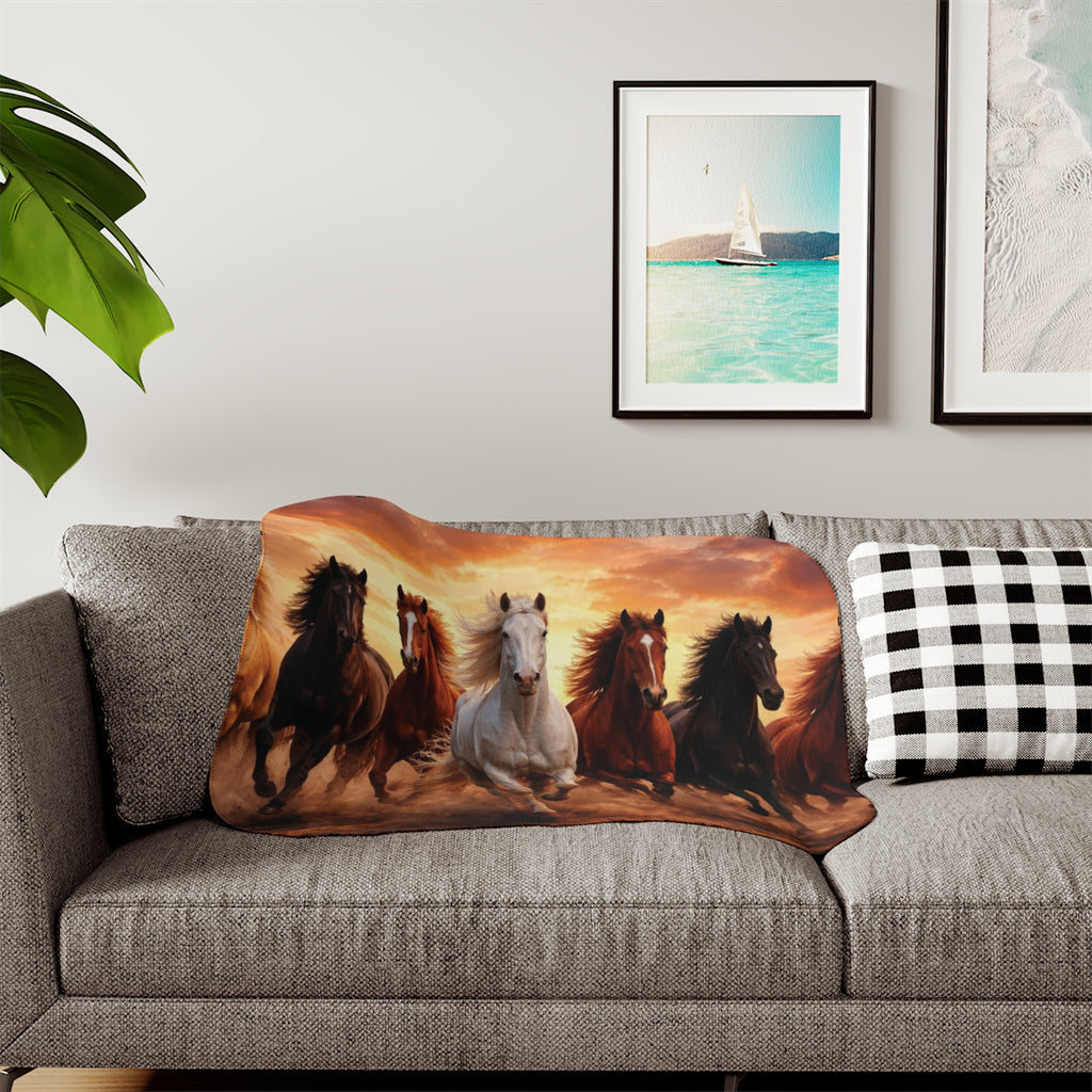 Running Horses Sherpa Blanket — Cozy Wild Horse Fleece Throw