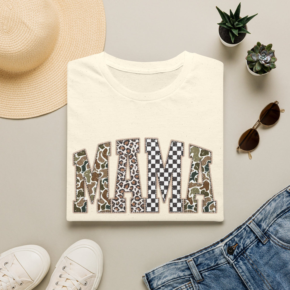 Mama Graphic T-Shirt — Patchwork Leopard, Camo & Checkerboard Design