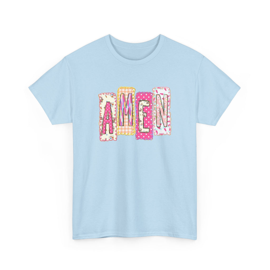 Amen Graphic Tee — Pink Patchwork Lettering Christian T‑Shirt