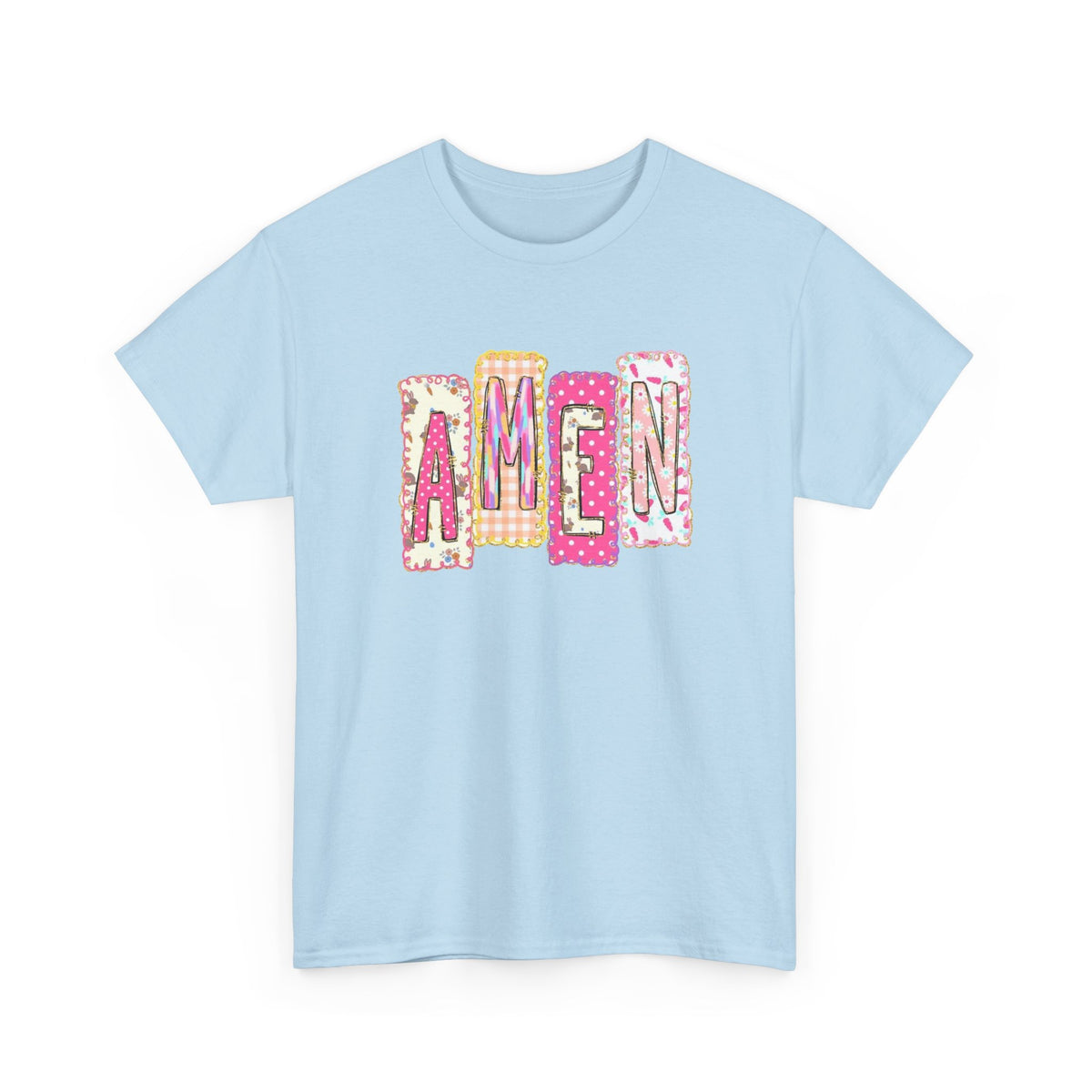 Amen Graphic Tee — Pink Patchwork Lettering Christian T‑Shirt