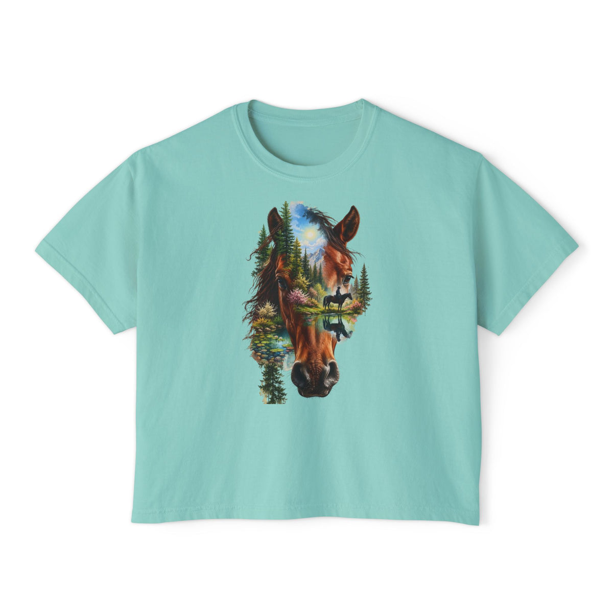 Women's Boxy Tee – Scenic Horse Double Exposure Graphic