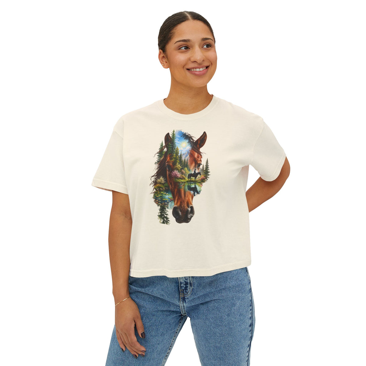 Women's Boxy Tee – Scenic Horse Double Exposure Graphic
