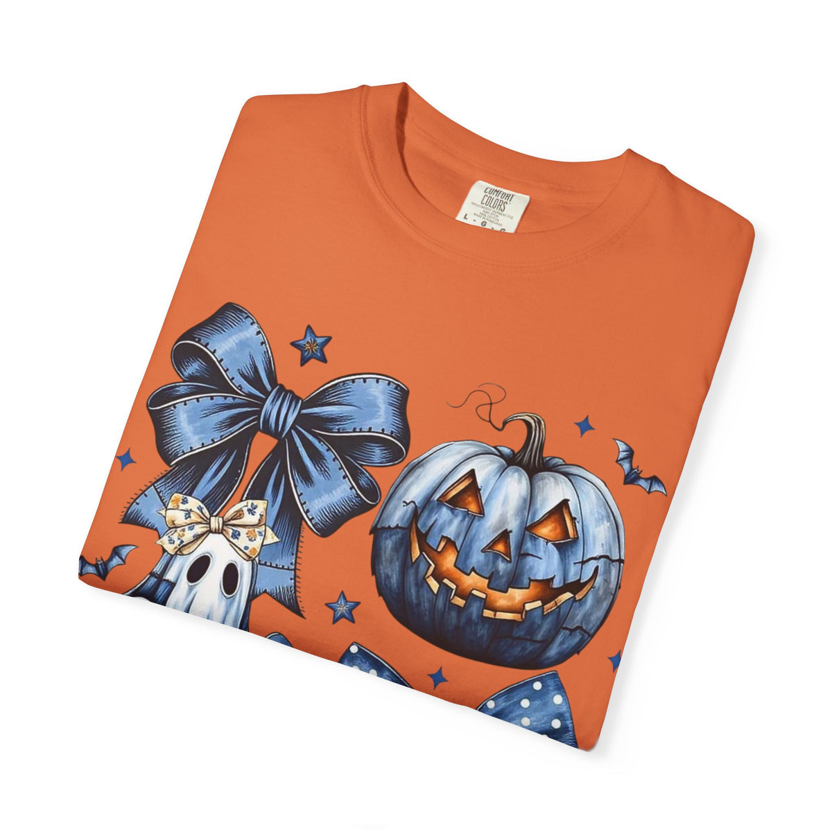 Halloween Blue Pumpkin & Ghost Graphic T-Shirt — Cute Spooky Bow Design