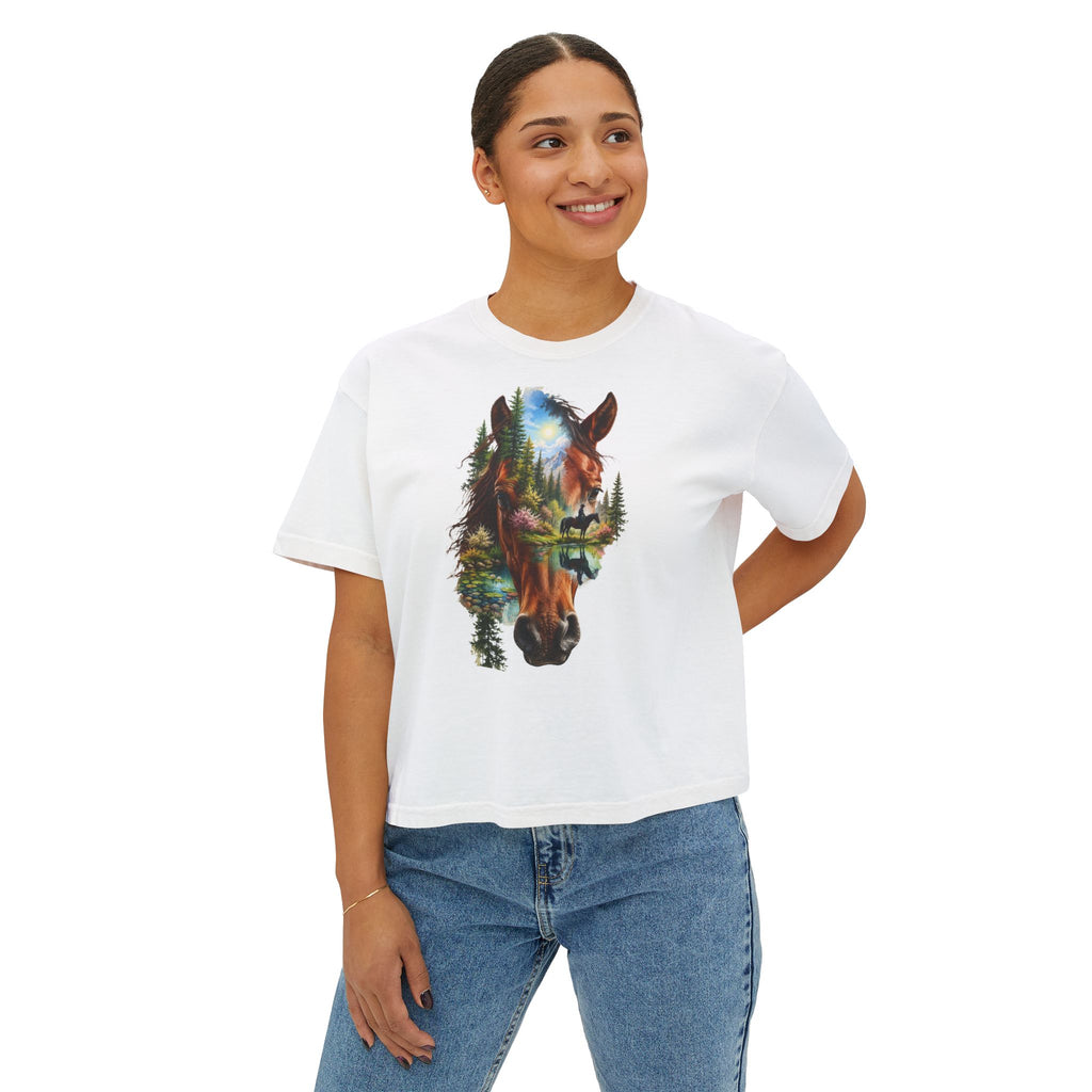 Women's Boxy Tee – Scenic Horse Double Exposure Graphic