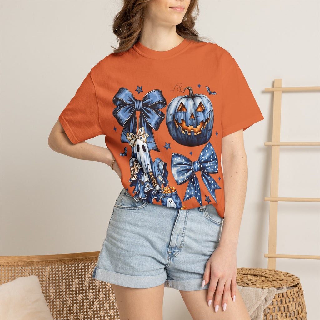 Halloween Blue Pumpkin & Ghost Graphic T-Shirt — Cute Spooky Bow Design