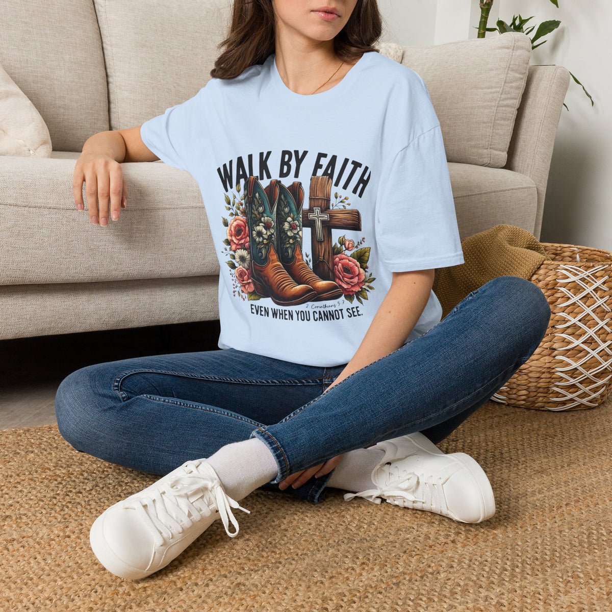 Walk By Faith T-Shirt — Western Boots & Cross Floral Christian Tee
