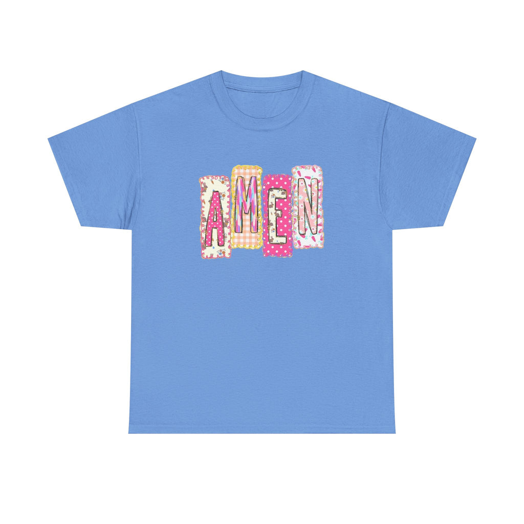 Amen Graphic Tee — Pink Patchwork Lettering Christian T‑Shirt