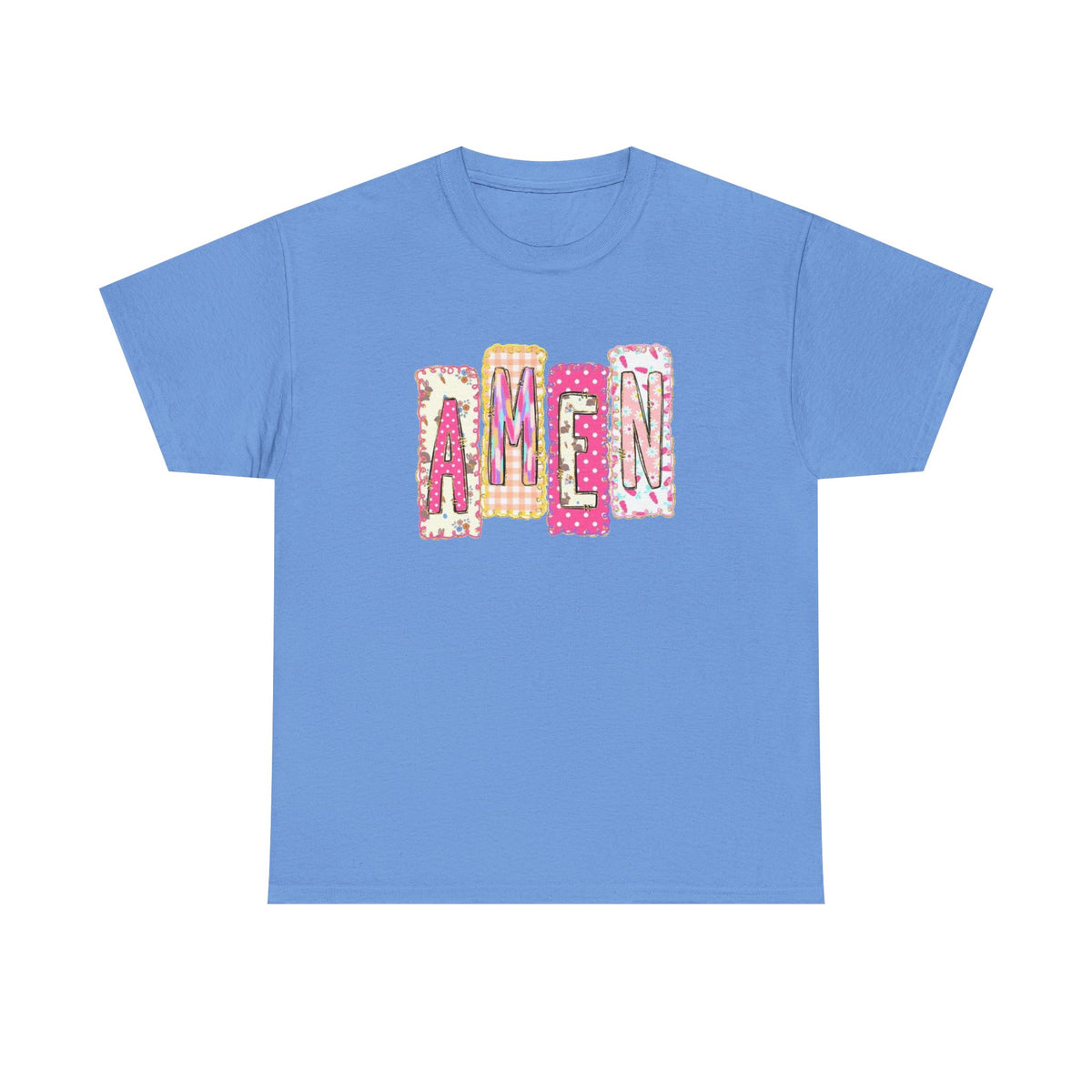 Amen Graphic Tee — Pink Patchwork Lettering Christian T‑Shirt