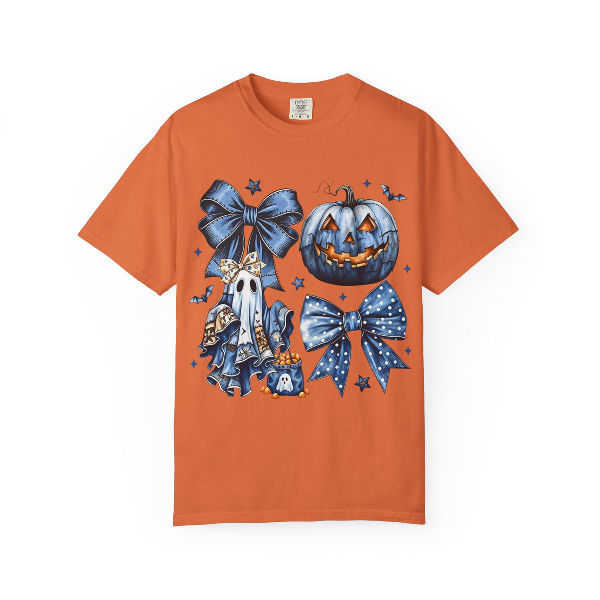 Halloween Blue Pumpkin & Ghost Graphic T-Shirt — Cute Spooky Bow Design