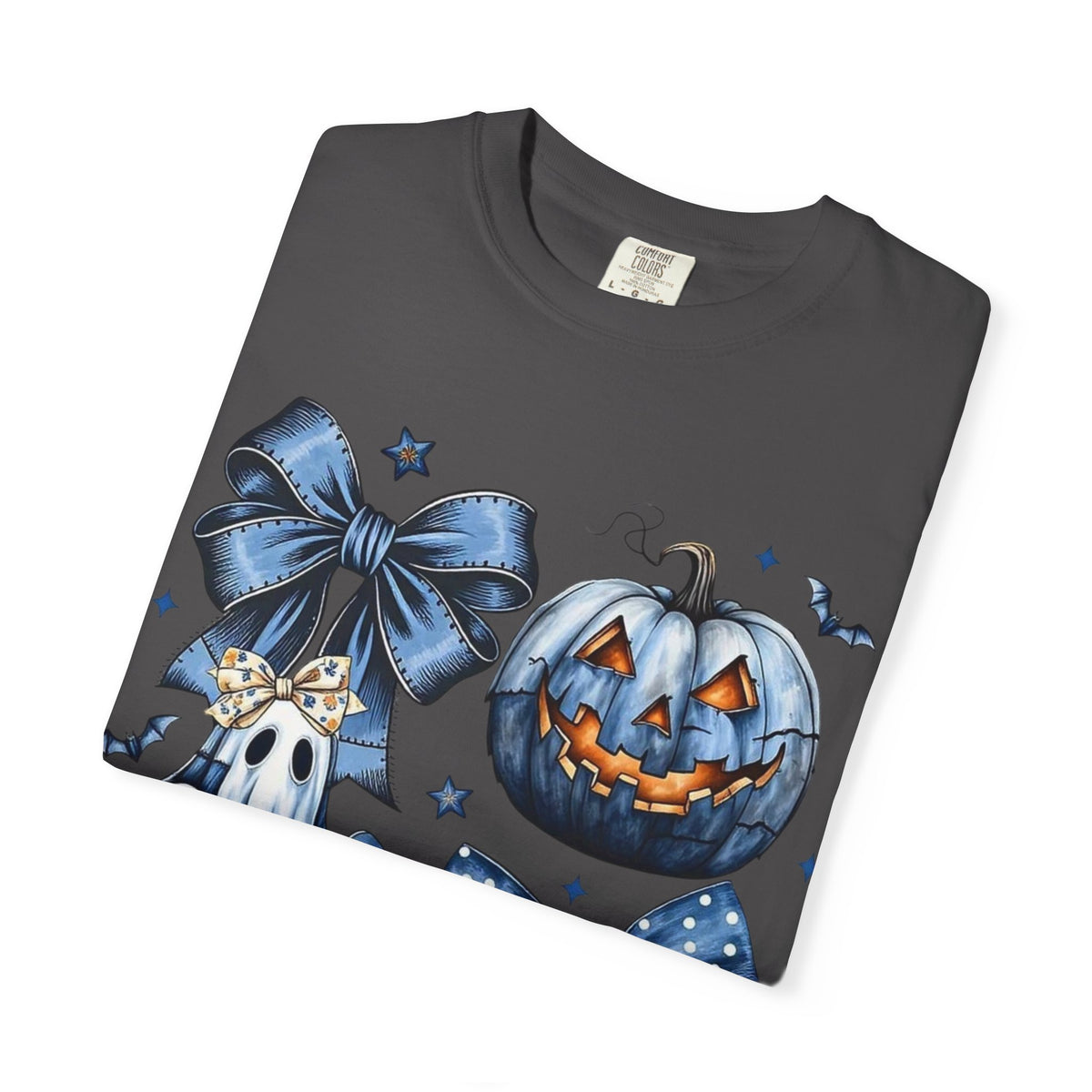 Halloween Blue Pumpkin & Ghost Graphic T-Shirt — Cute Spooky Bow Design