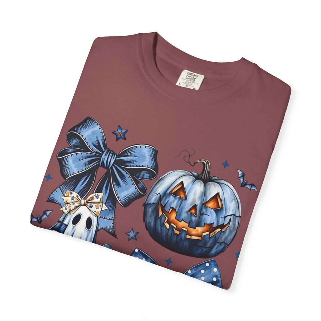 Halloween Blue Pumpkin & Ghost Graphic T-Shirt — Cute Spooky Bow Design