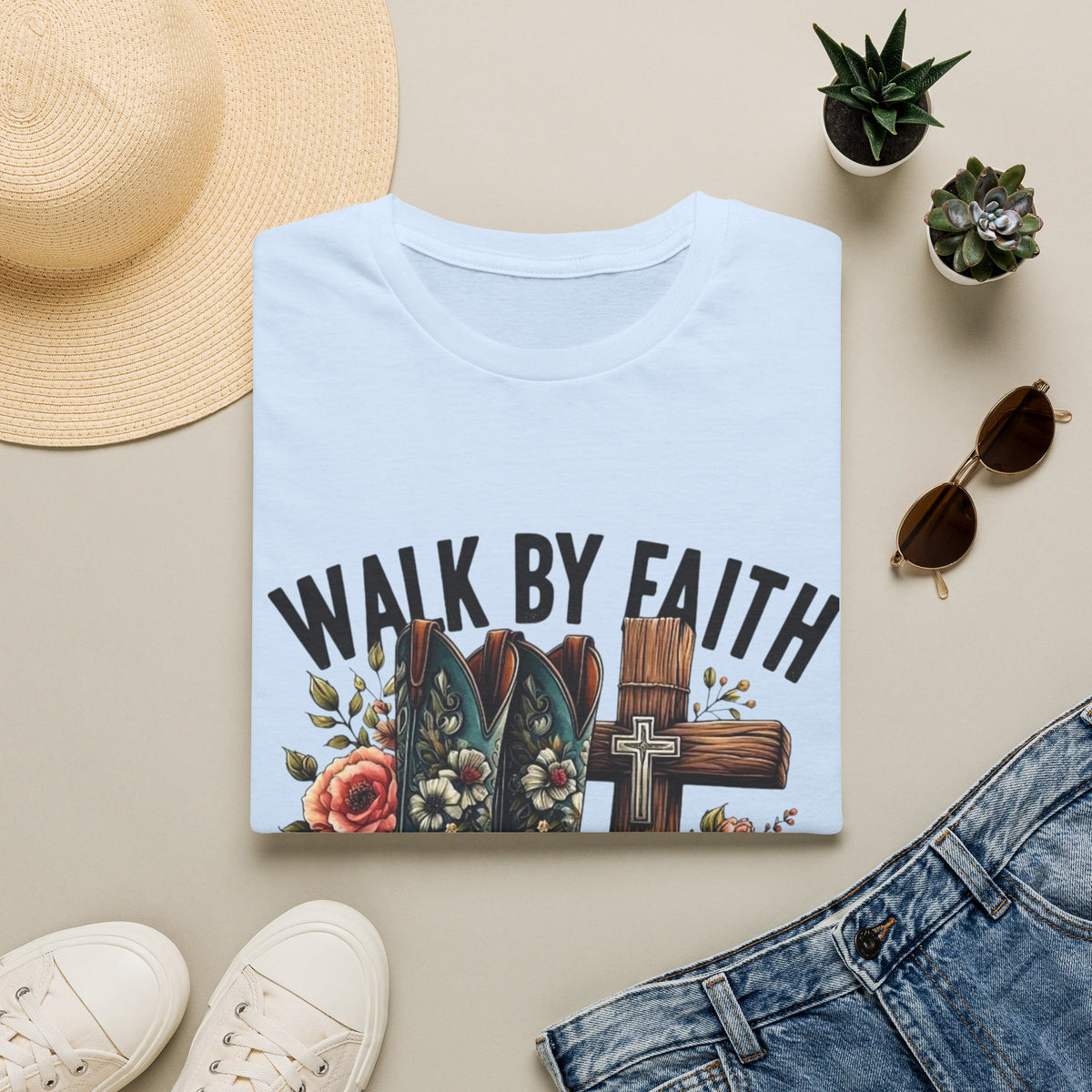 Walk By Faith T-Shirt — Western Boots & Cross Floral Christian Tee