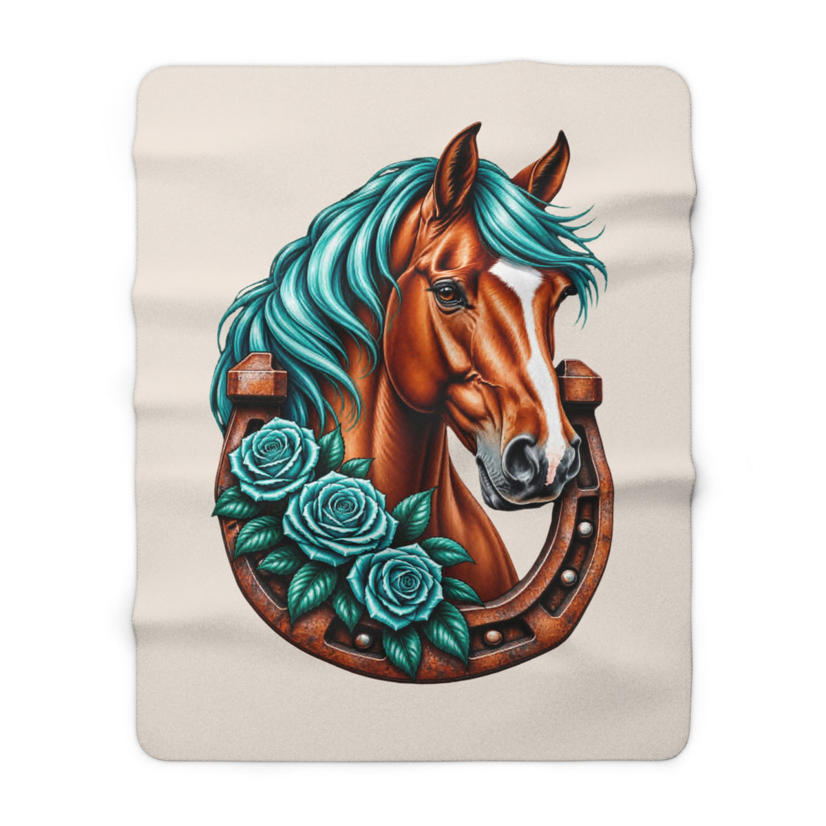 Horse & Horseshoe Sherpa Blanket — Teal Mane Floral Equestrian Throw
