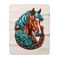 Horse & Horseshoe Sherpa Blanket — Teal Mane Floral Equestrian Throw