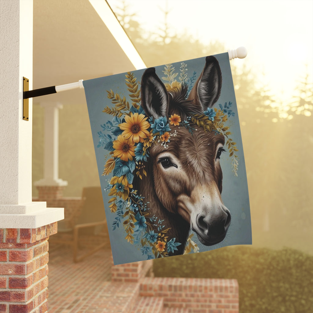 Donkey with Floral Wreath Garden Flag — Rustic Farmhouse Garden Banner