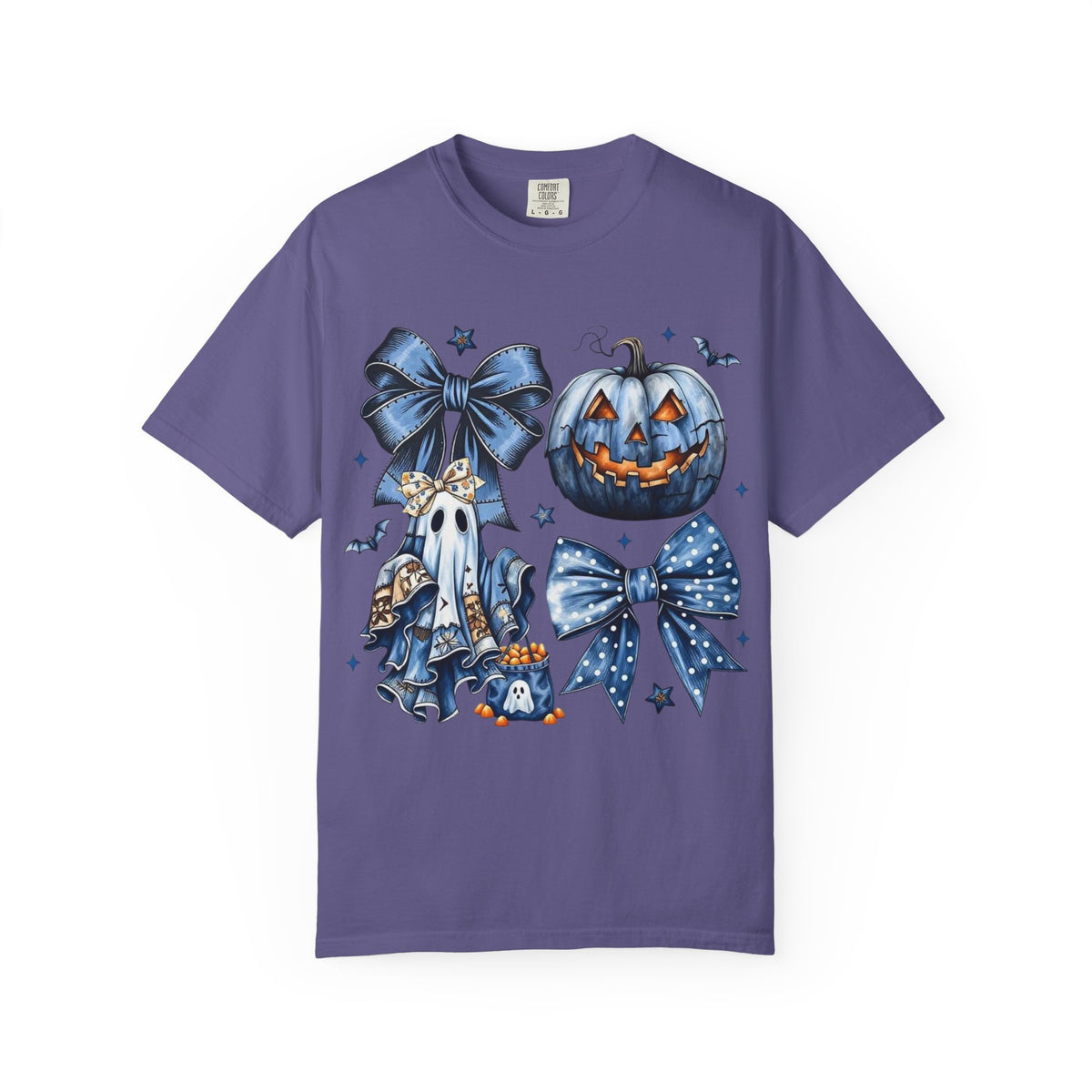 Halloween Blue Pumpkin & Ghost Graphic T-Shirt — Cute Spooky Bow Design