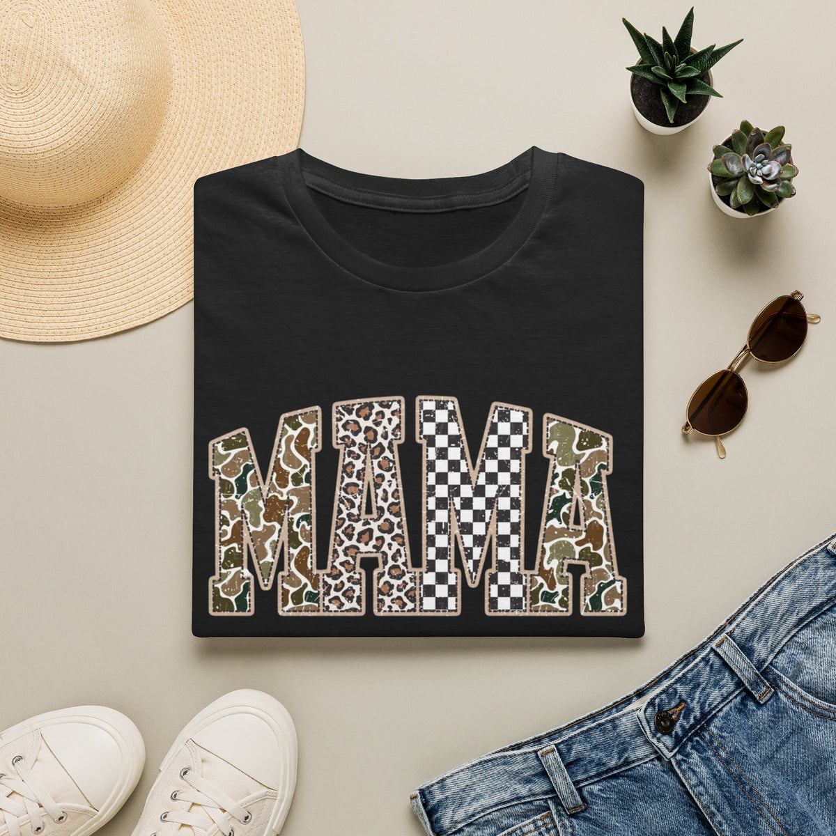 Mama Graphic T-Shirt — Patchwork Leopard, Camo & Checkerboard Design