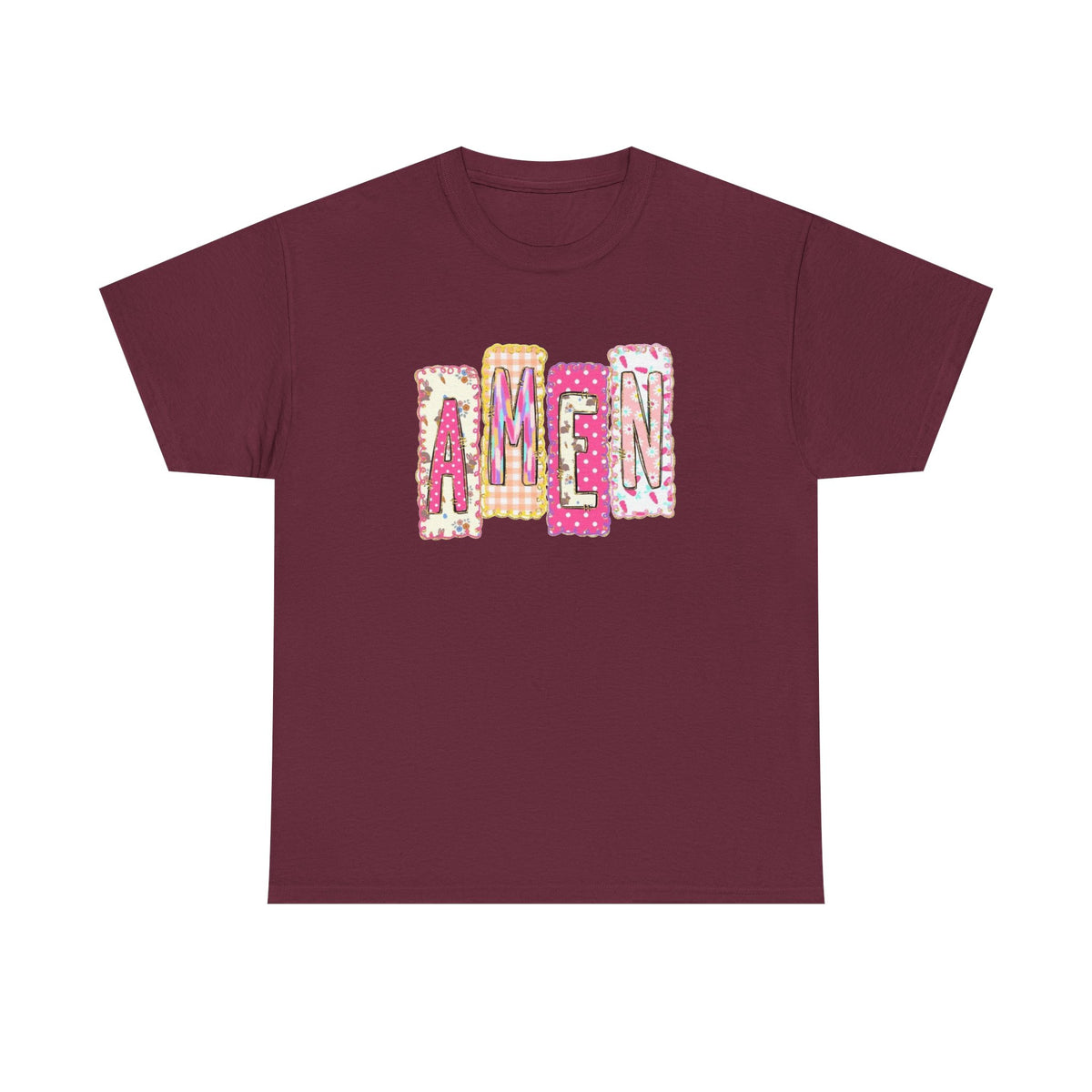 Amen Graphic Tee — Pink Patchwork Lettering Christian T‑Shirt