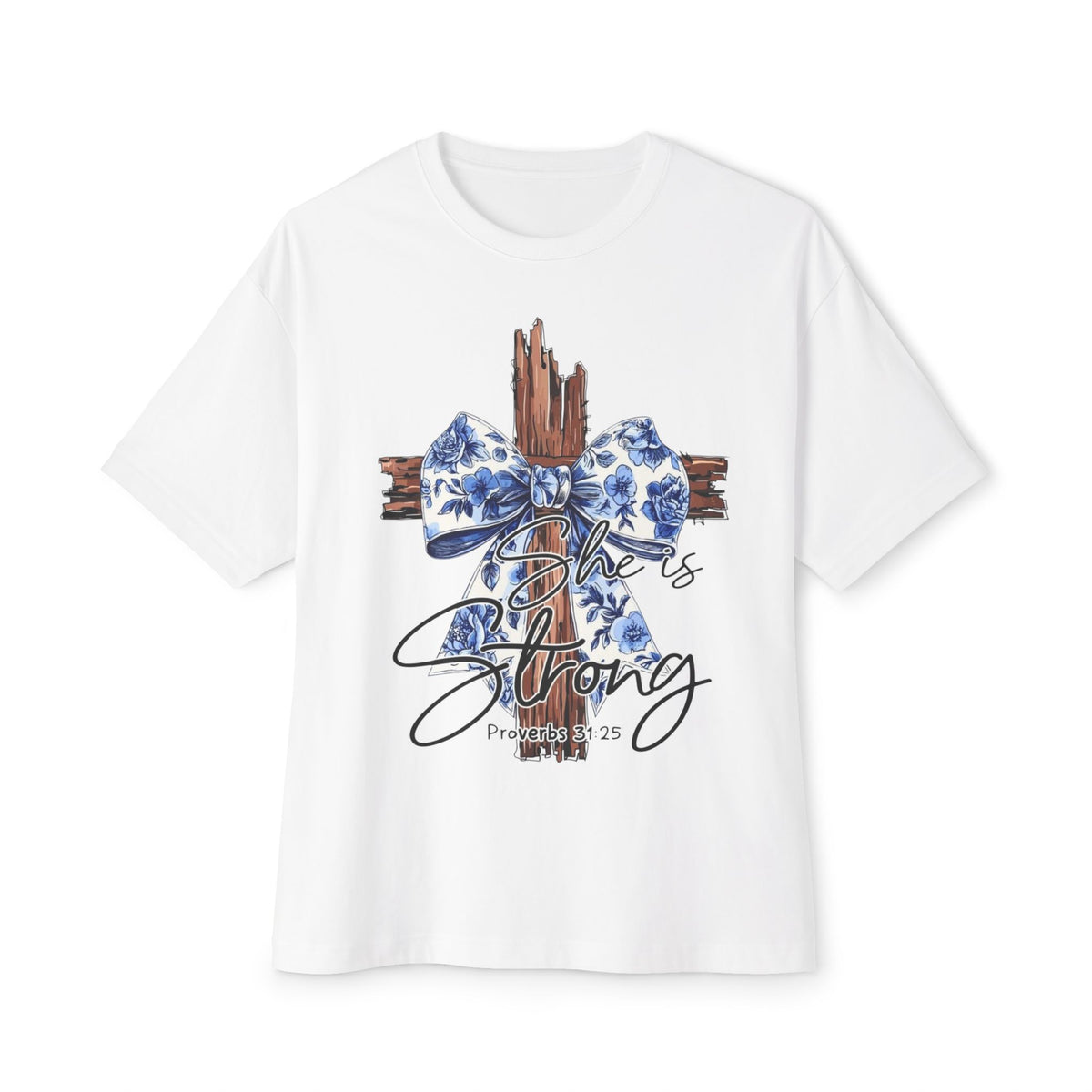 Cross & Bow Tee - Jesus Is Strong Graphic Oversized T-Shirt