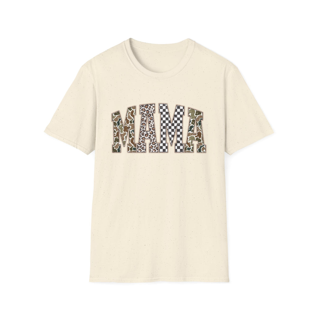 Mama Graphic T-Shirt — Patchwork Leopard, Camo & Checkerboard Design