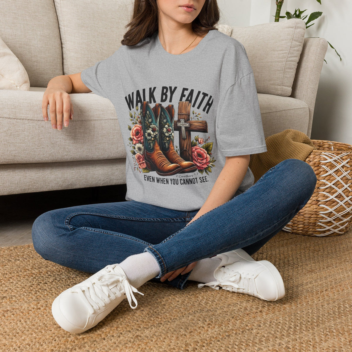 Walk By Faith T-Shirt — Western Boots & Cross Floral Christian Tee