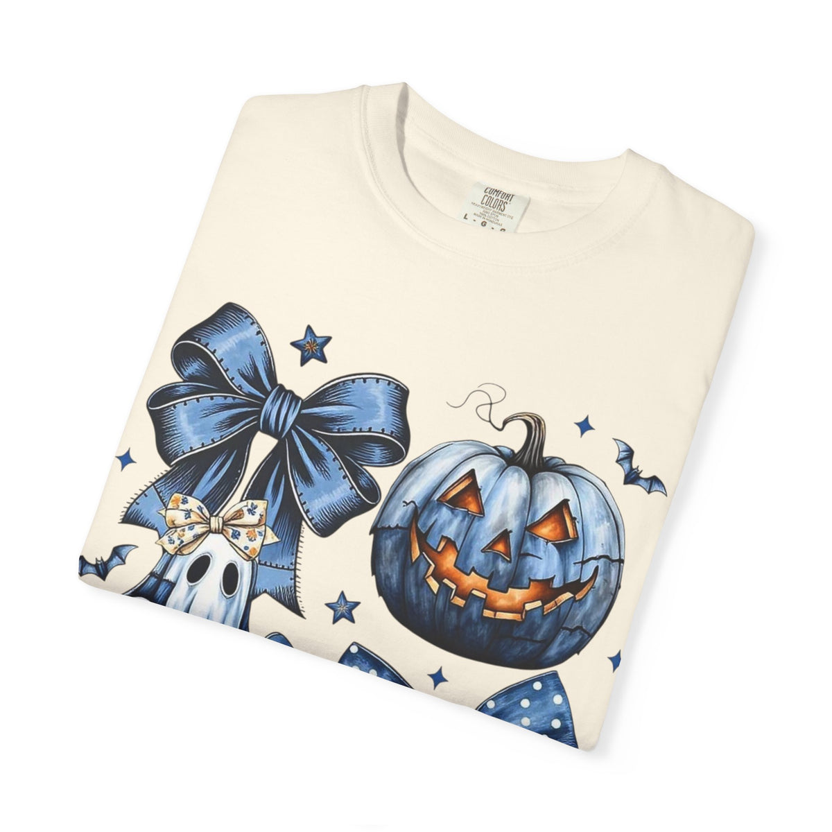 Halloween Blue Pumpkin & Ghost Graphic T-Shirt — Cute Spooky Bow Design