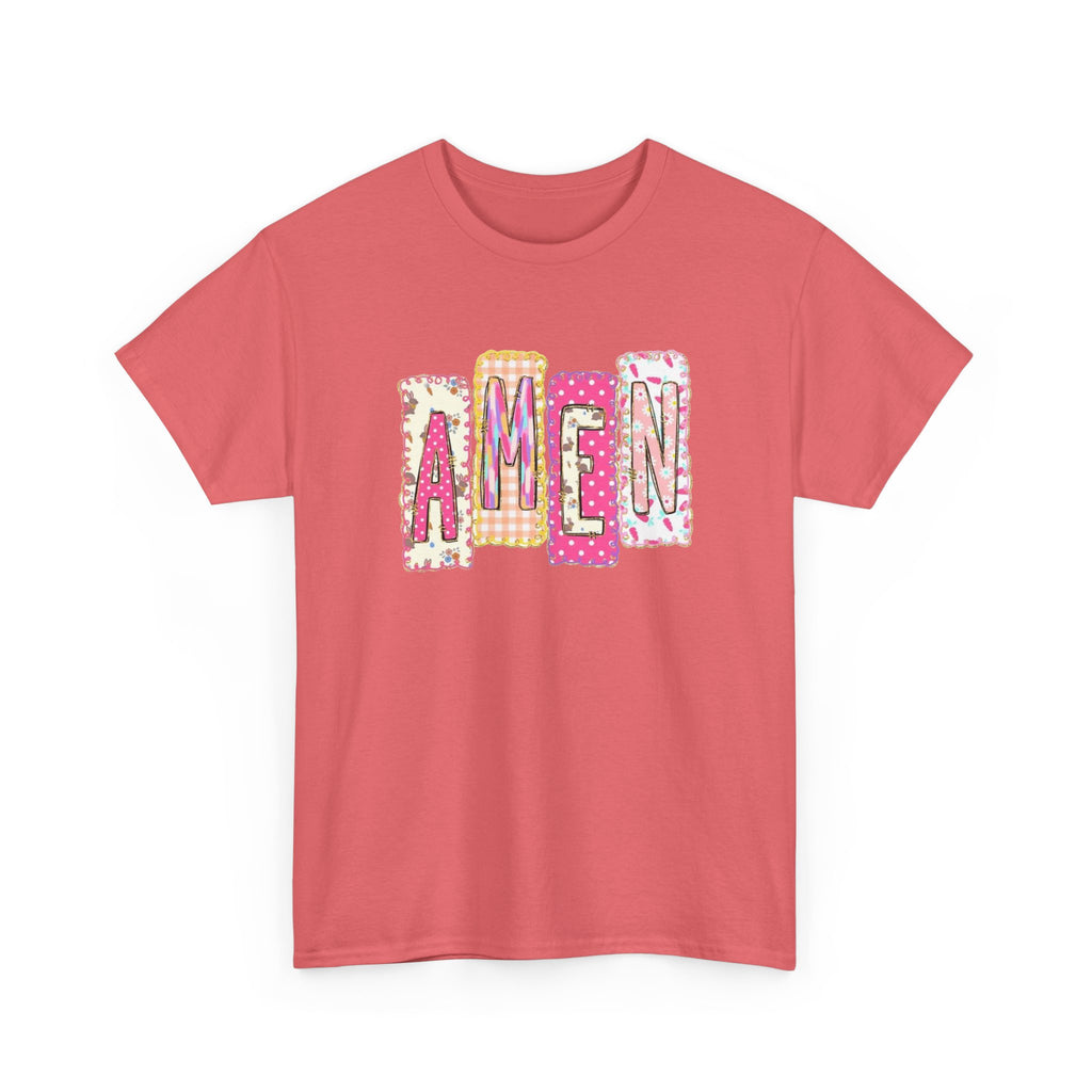Amen Graphic Tee — Pink Patchwork Lettering Christian T‑Shirt
