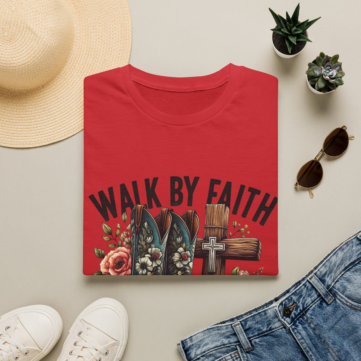 Walk By Faith T-Shirt — Western Boots & Cross Floral Christian Tee