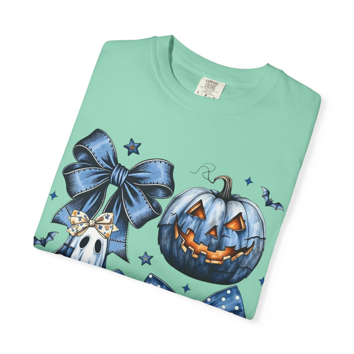 Halloween Blue Pumpkin & Ghost Graphic T-Shirt — Cute Spooky Bow Design