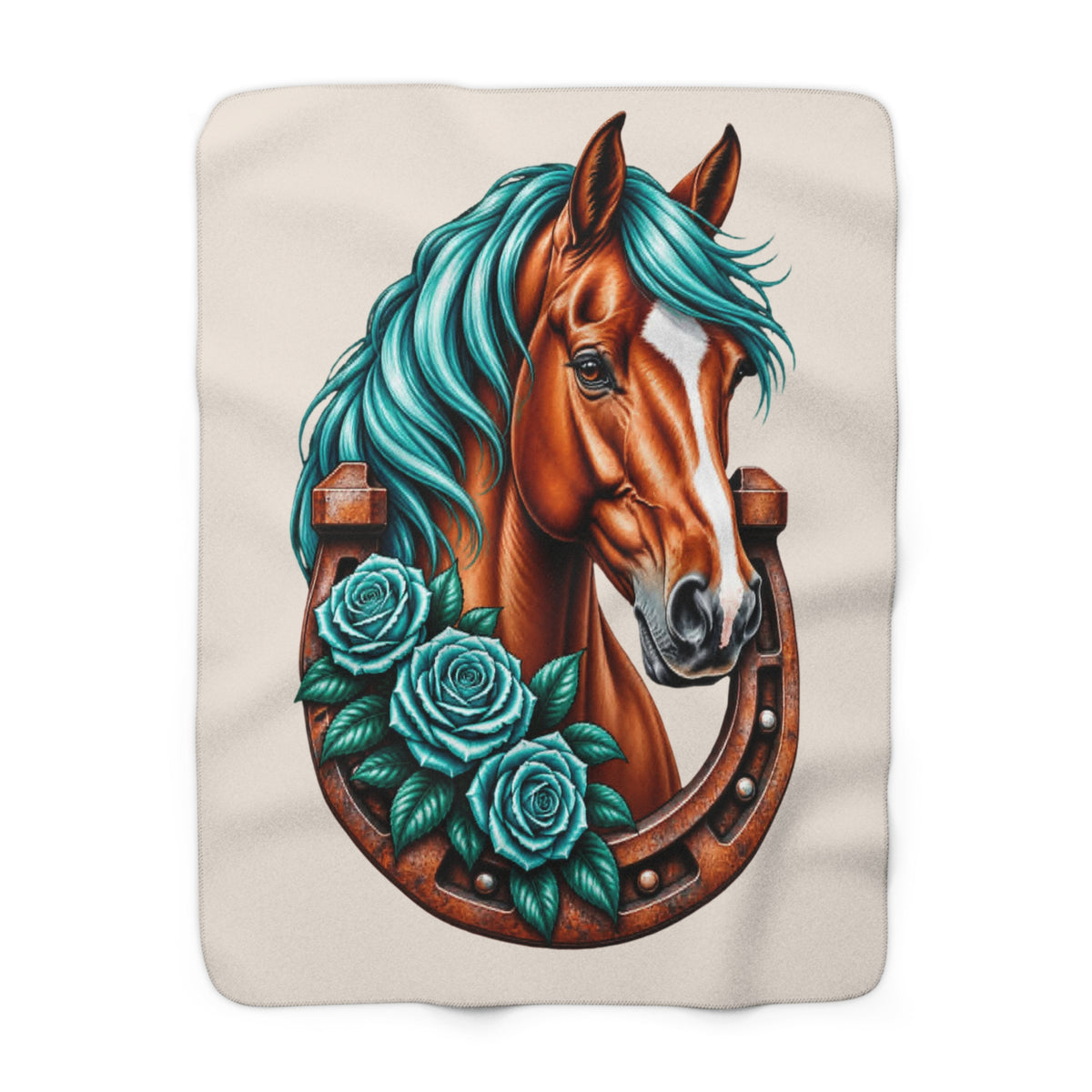 Horse & Horseshoe Sherpa Blanket — Teal Mane Floral Equestrian Throw