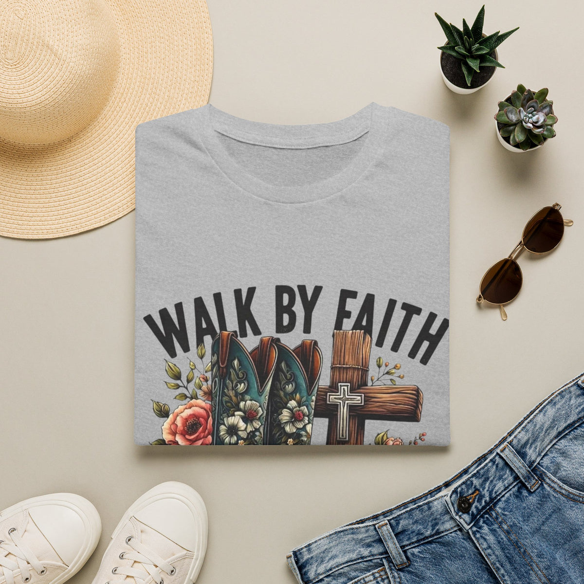 Walk By Faith T-Shirt — Western Boots & Cross Floral Christian Tee