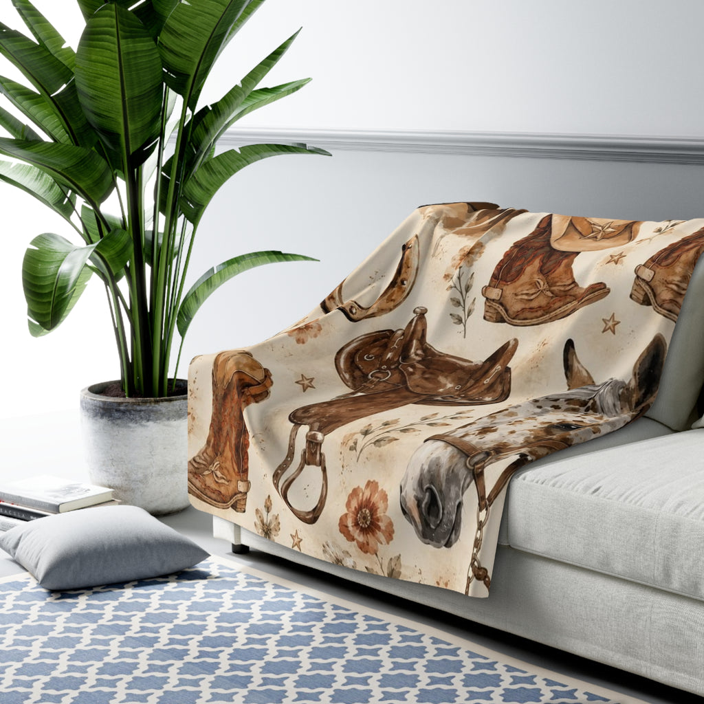 Cowboy Horse Sherpa Blanket - Western Boots, Saddles & Horses Throw