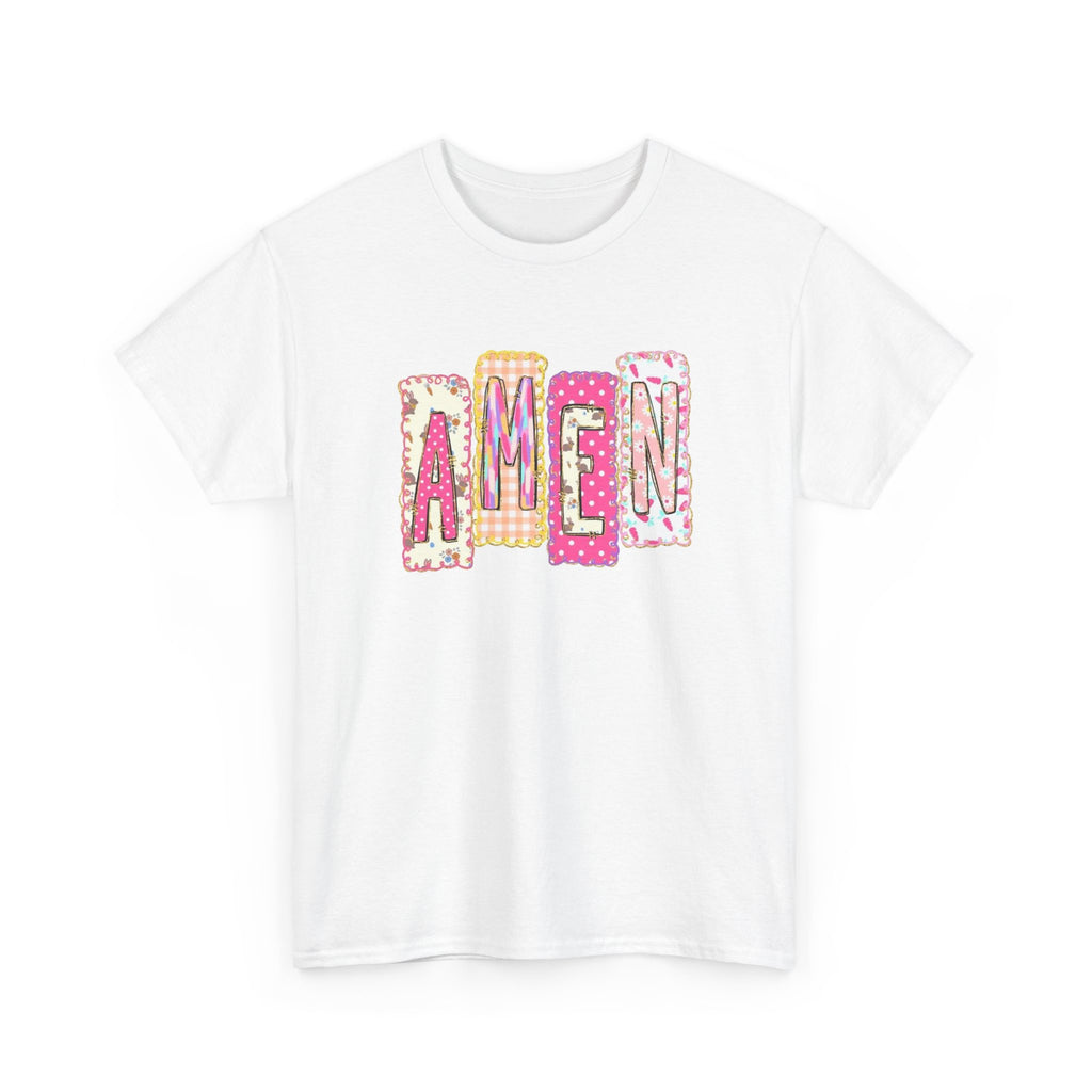 Amen Graphic Tee — Pink Patchwork Lettering Christian T‑Shirt