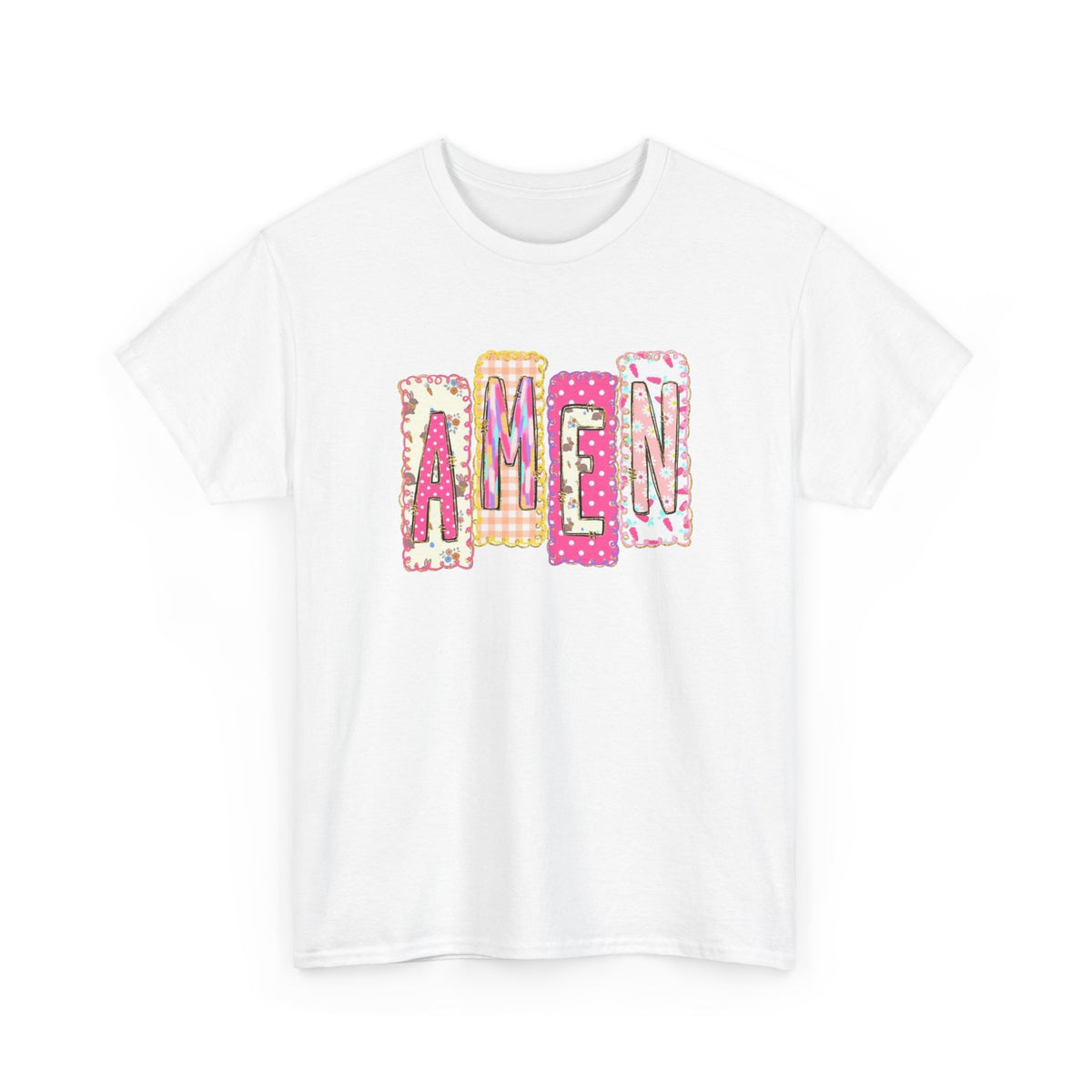 Amen Graphic Tee — Pink Patchwork Lettering Christian T‑Shirt