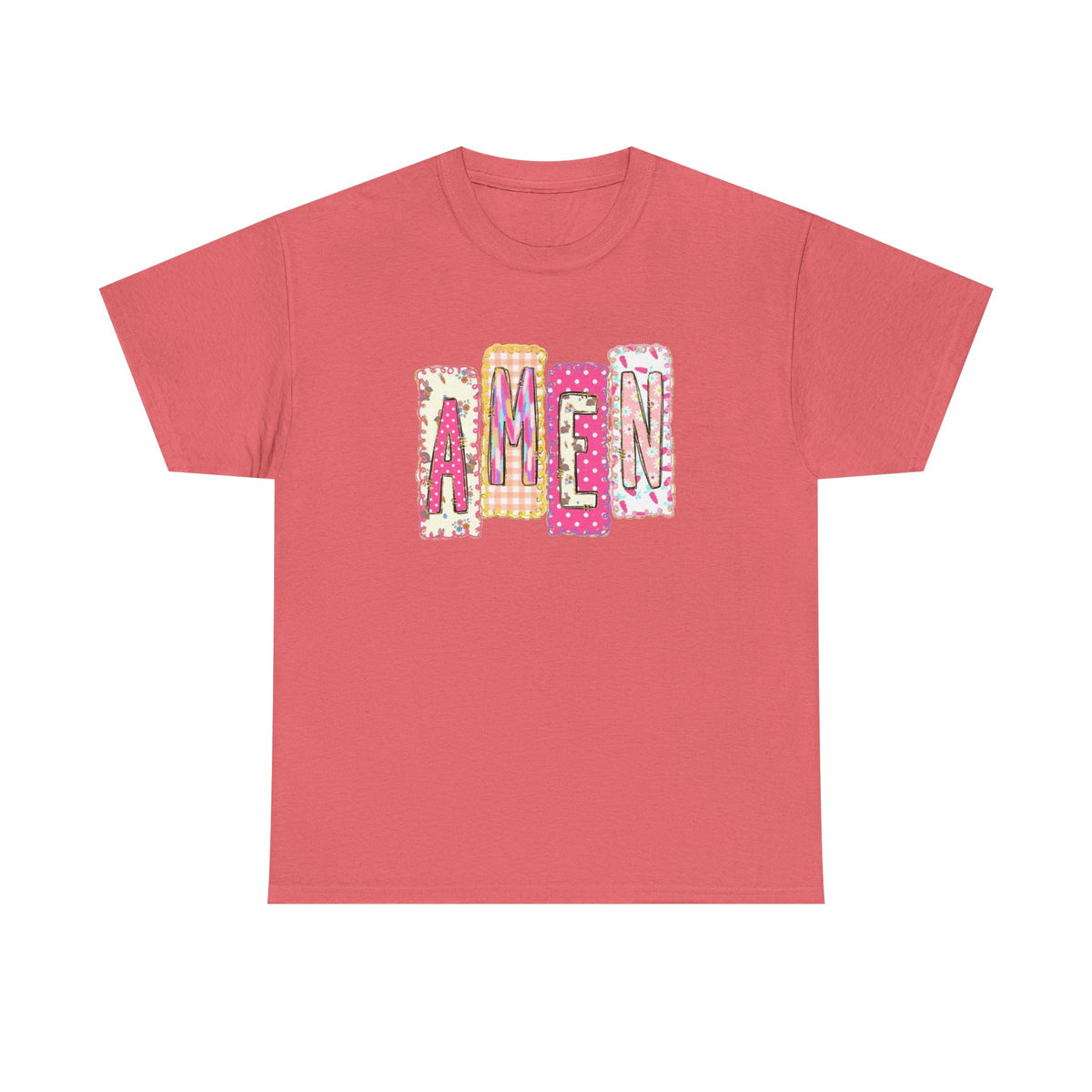 Amen Graphic Tee — Pink Patchwork Lettering Christian T‑Shirt