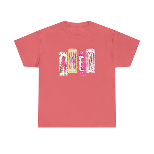 Amen Graphic Tee — Pink Patchwork Lettering Christian T‑Shirt