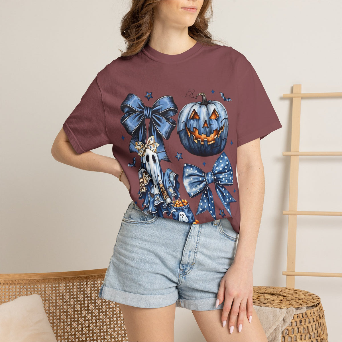 Halloween Blue Pumpkin & Ghost Graphic T-Shirt — Cute Spooky Bow Design