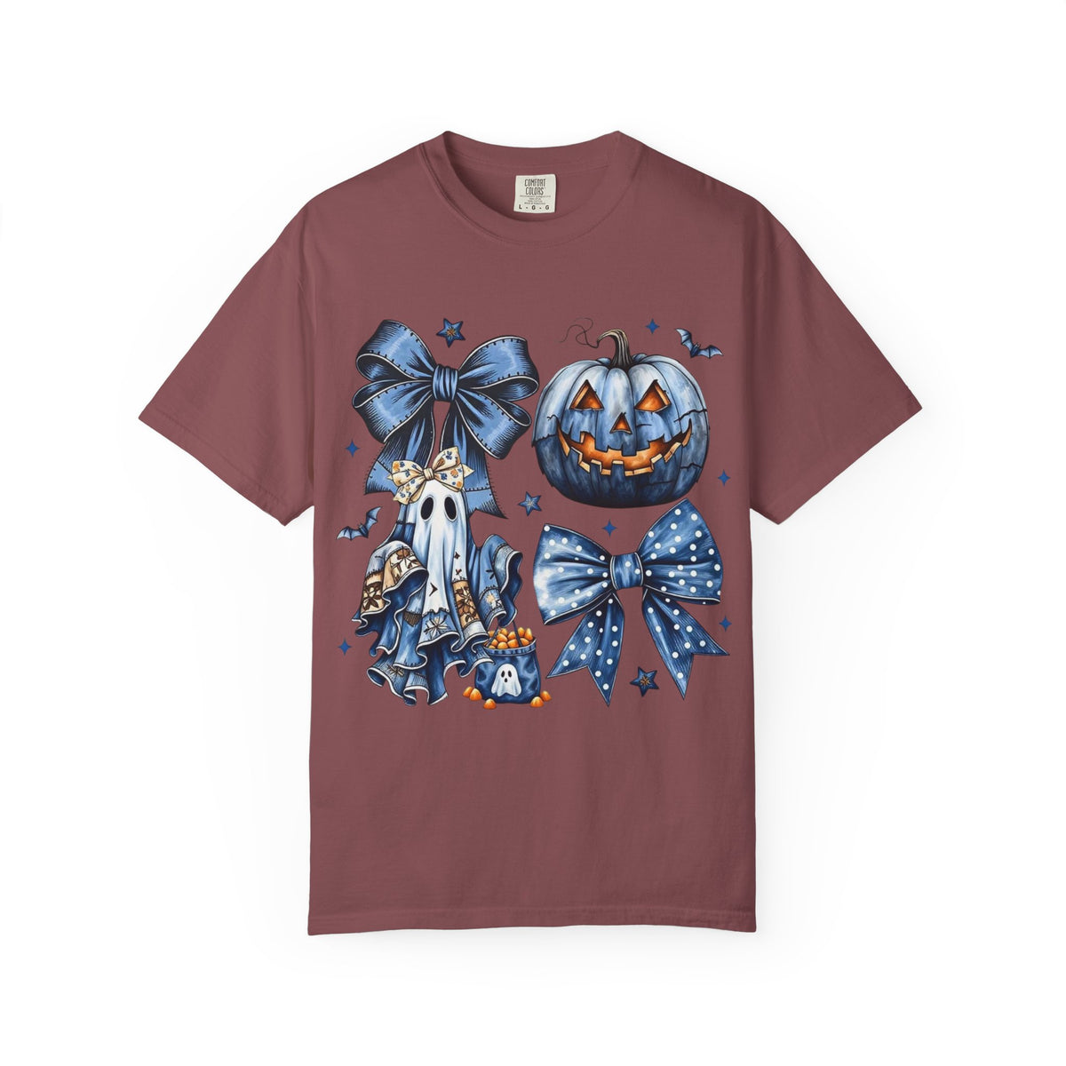 Halloween Blue Pumpkin & Ghost Graphic T-Shirt — Cute Spooky Bow Design