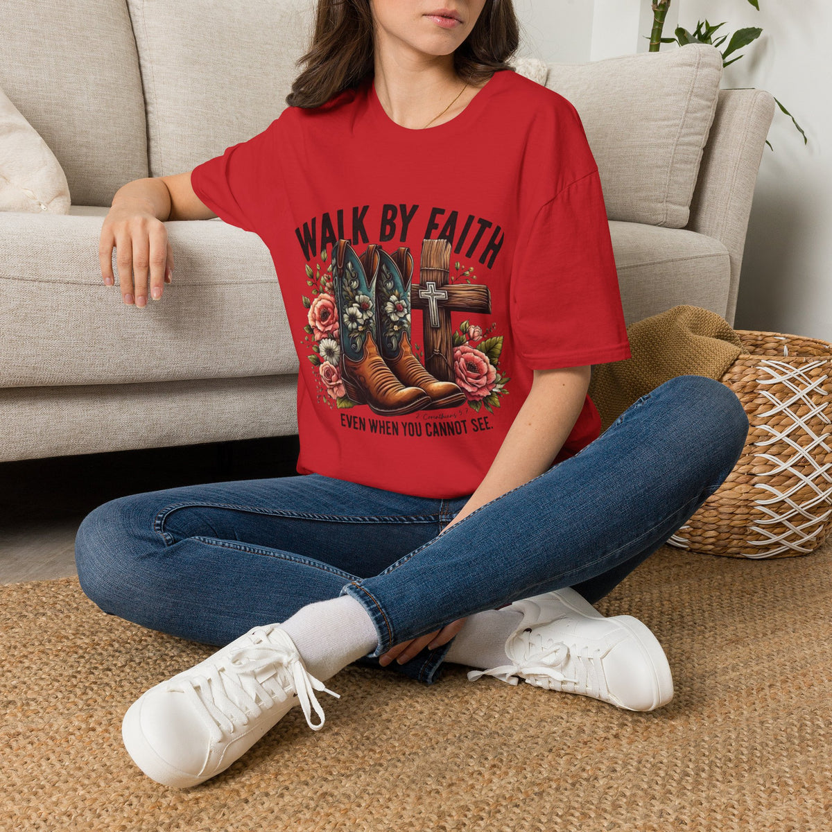 Walk By Faith T-Shirt — Western Boots & Cross Floral Christian Tee