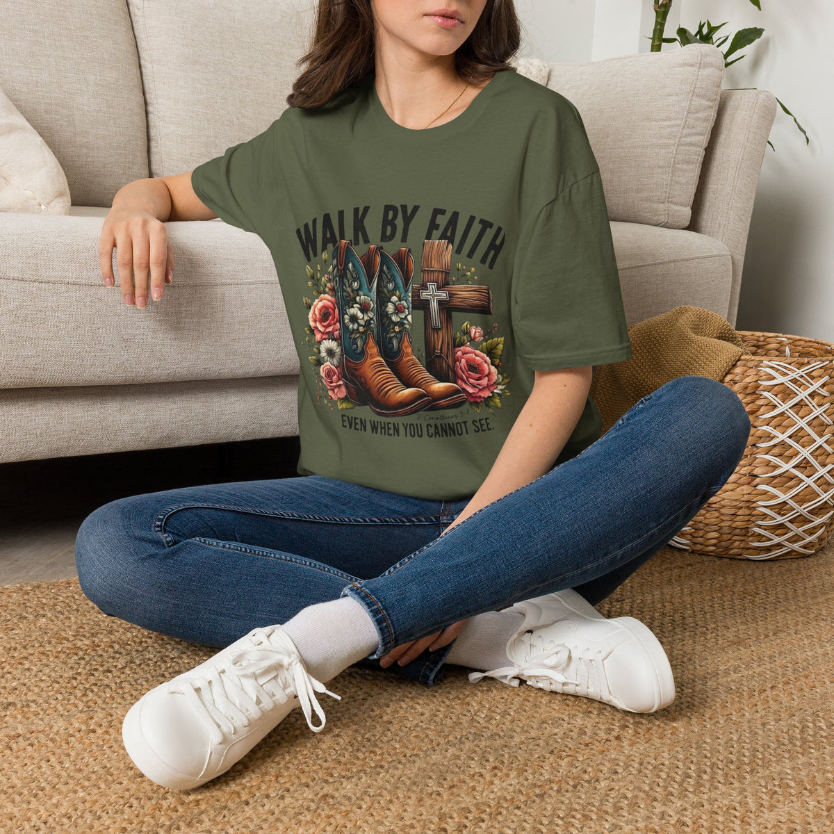 Walk By Faith T-Shirt — Western Boots & Cross Floral Christian Tee