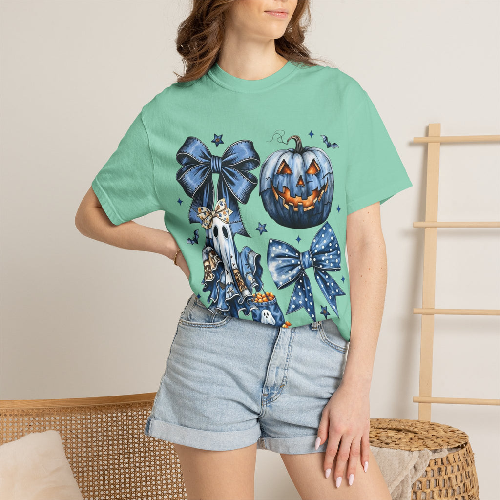 Halloween Blue Pumpkin & Ghost Graphic T-Shirt — Cute Spooky Bow Design