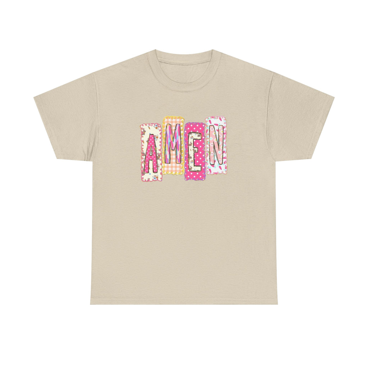 Amen Graphic Tee — Pink Patchwork Lettering Christian T‑Shirt