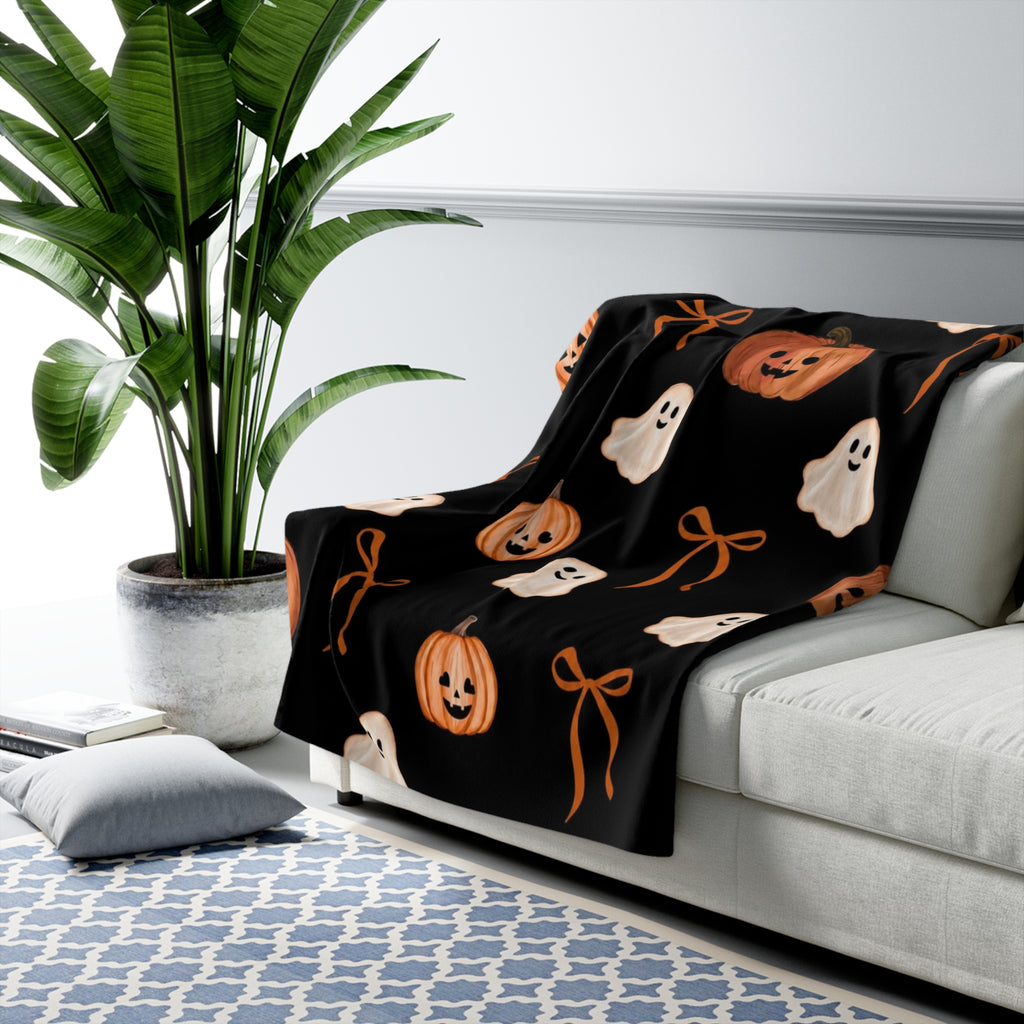 Halloween Sherpa Blanket — Cute Ghosts & Jack-o'-Lanterns Fleece Throw
