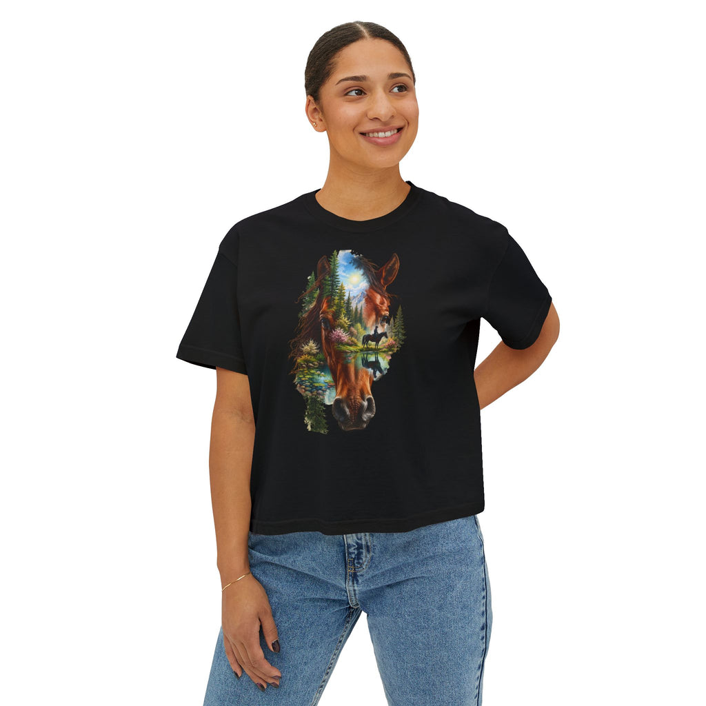 Women's Boxy Tee – Scenic Horse Double Exposure Graphic