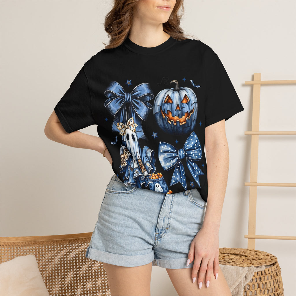 Halloween Blue Pumpkin & Ghost Graphic T-Shirt — Cute Spooky Bow Design