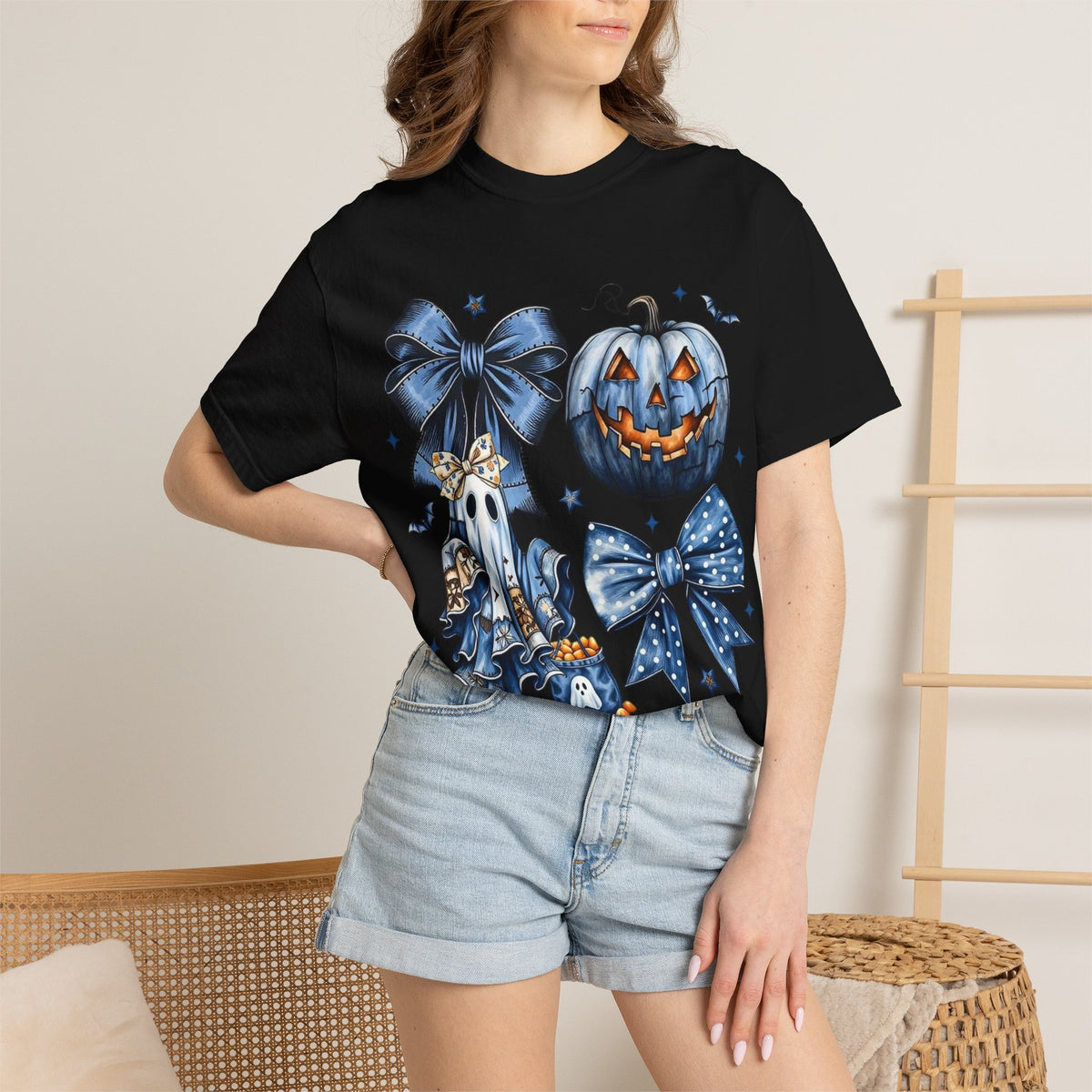 Halloween Blue Pumpkin & Ghost Graphic T-Shirt — Cute Spooky Bow Design
